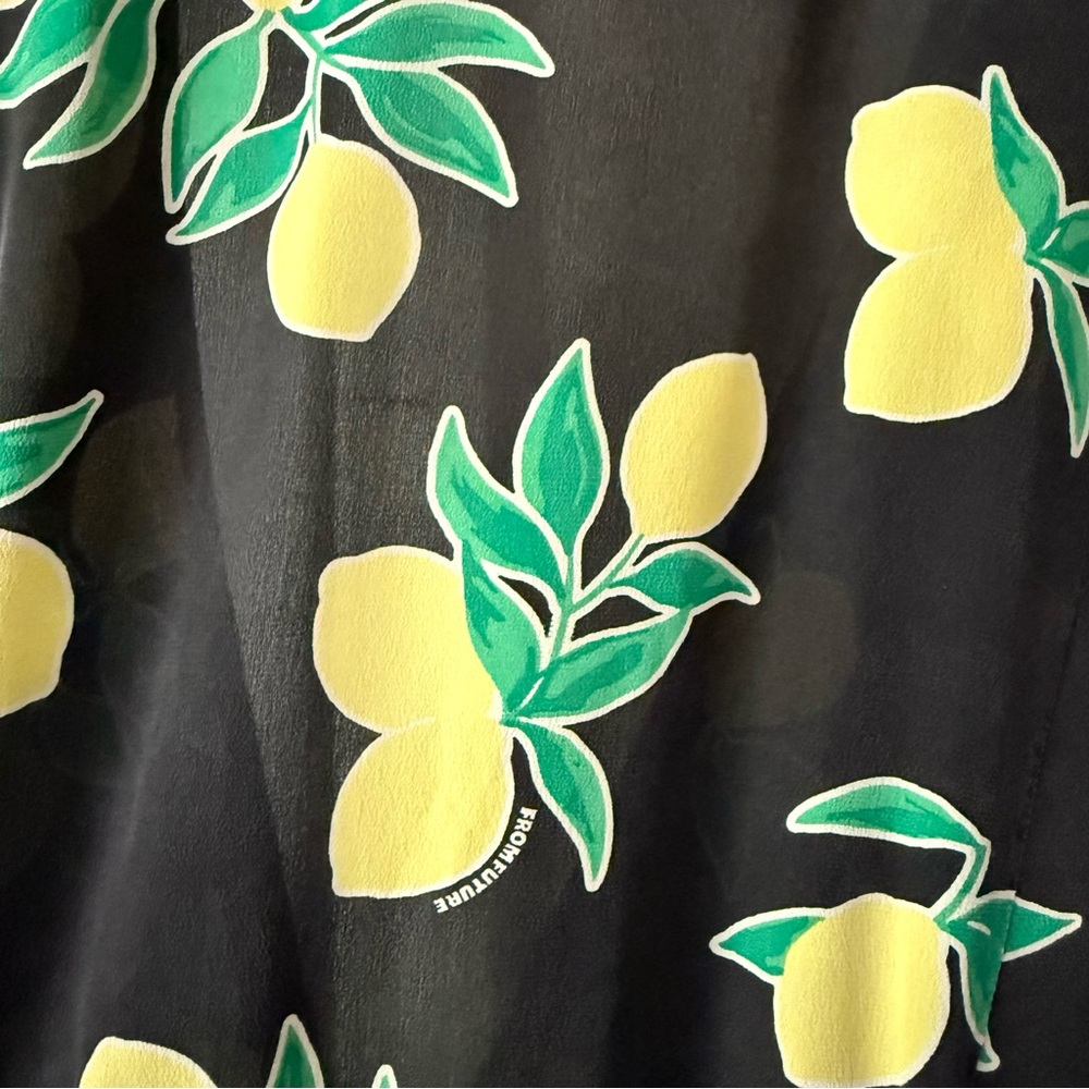 FROM‎ FUTURE black lemon fruit print silk short sleeve midi wrap dress - Picture 5 of 7